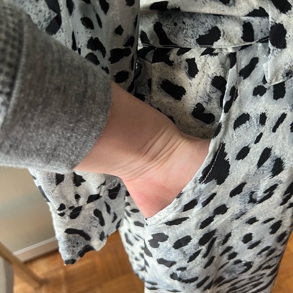 Long Sleeve Silk Snow Leopard Print Dress with Buttoned Top & Eyelash Lace Trim - Picture 9 of 13